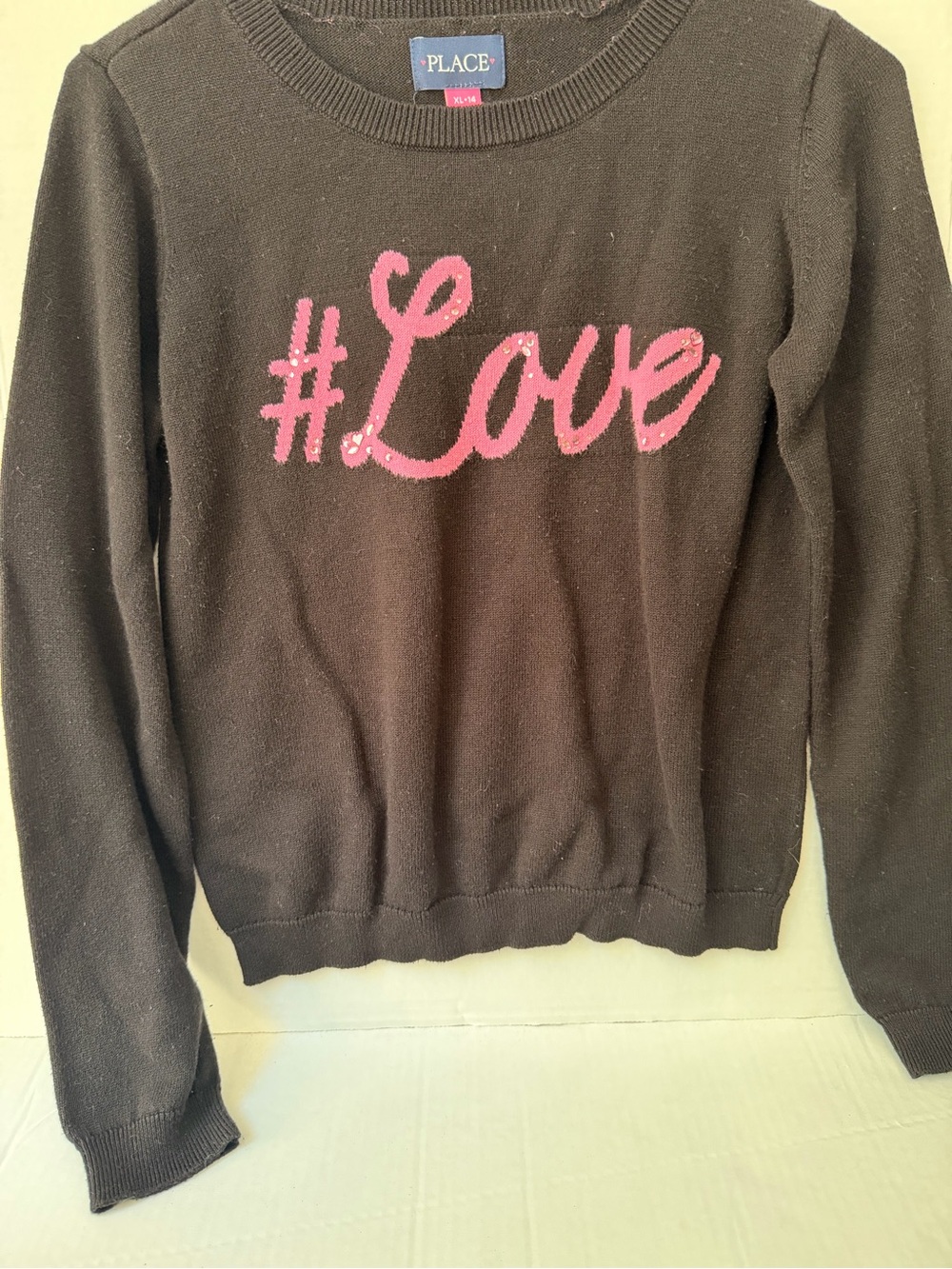Place Black Crewneck Sweater with Pink "#Love" Script